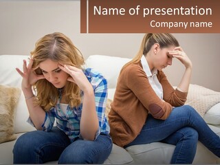 Two Women Sitting On A Couch With Their Hands On Their Head PowerPoint Template