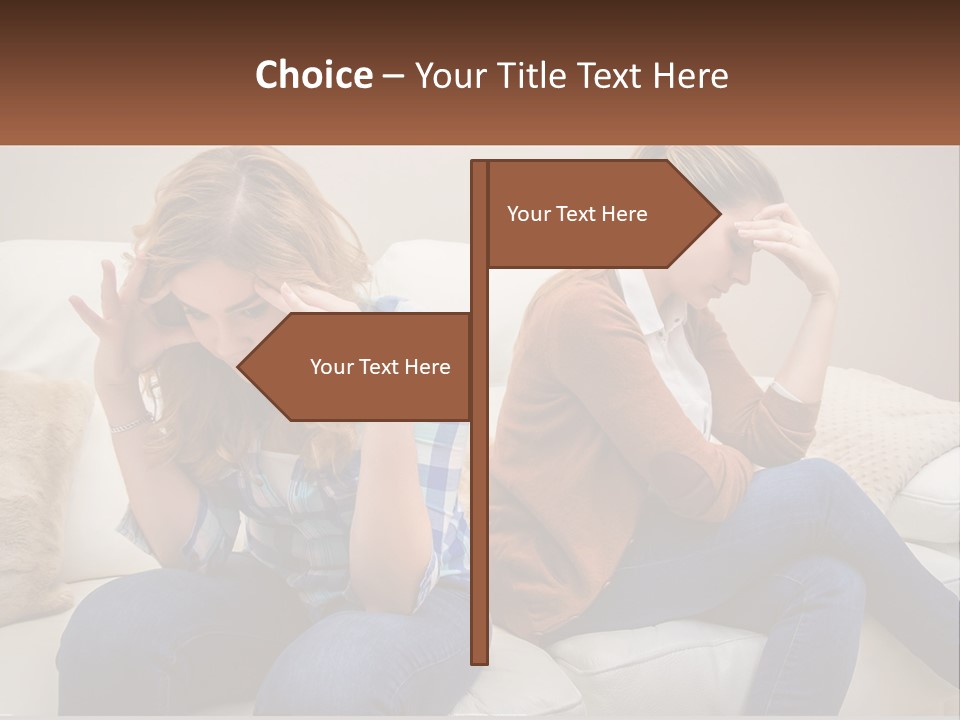 Two Women Sitting On A Couch With Their Hands On Their Head PowerPoint Template