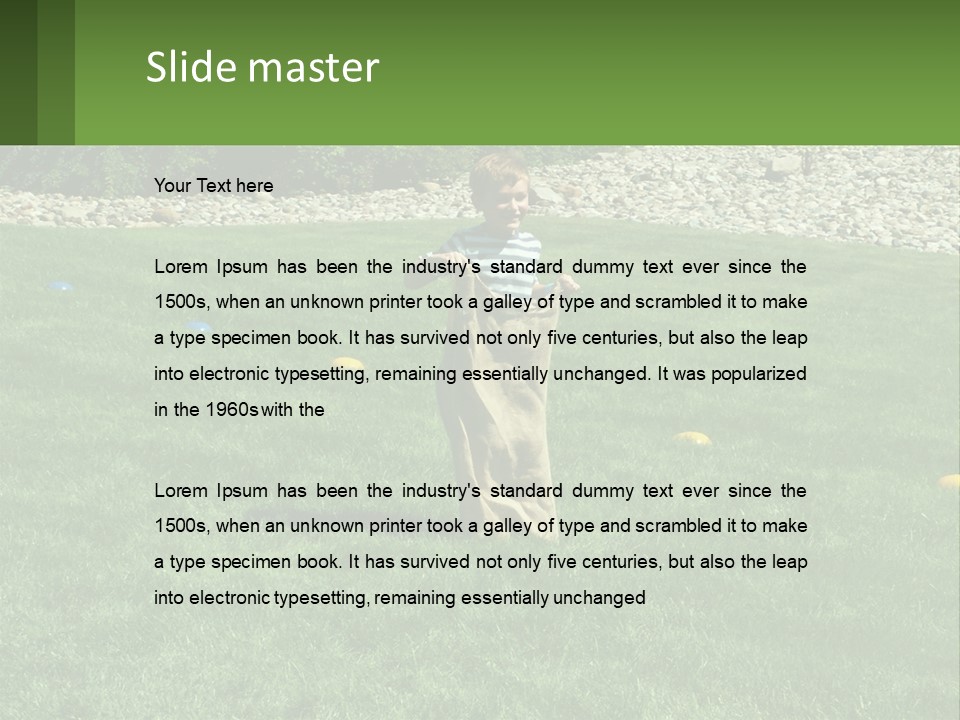 A Young Boy Standing On Top Of A Lush Green Field PowerPoint Template