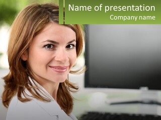 A Woman Is Smiling In Front Of A Computer PowerPoint Template