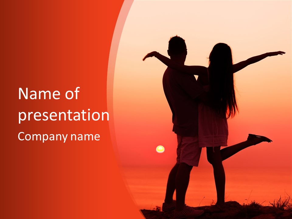 A Man And A Woman Are Standing On A Hill At Sunset PowerPoint Template