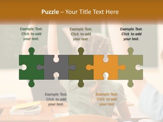 A Group Of Children Raising Their Hands In A Classroom PowerPoint Template