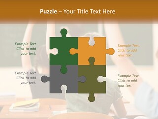 A Group Of Children Raising Their Hands In A Classroom PowerPoint Template