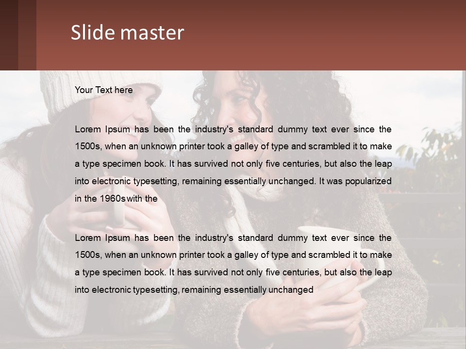 A Couple Of Women Sitting Next To Each Other Holding Coffee Mugs PowerPoint Template