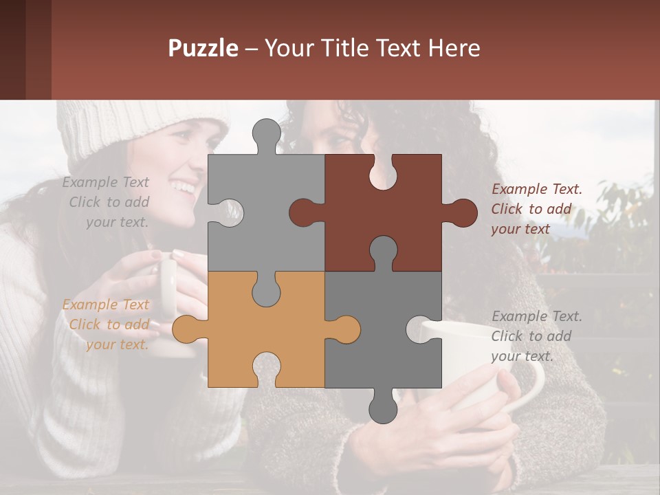 A Couple Of Women Sitting Next To Each Other Holding Coffee Mugs PowerPoint Template