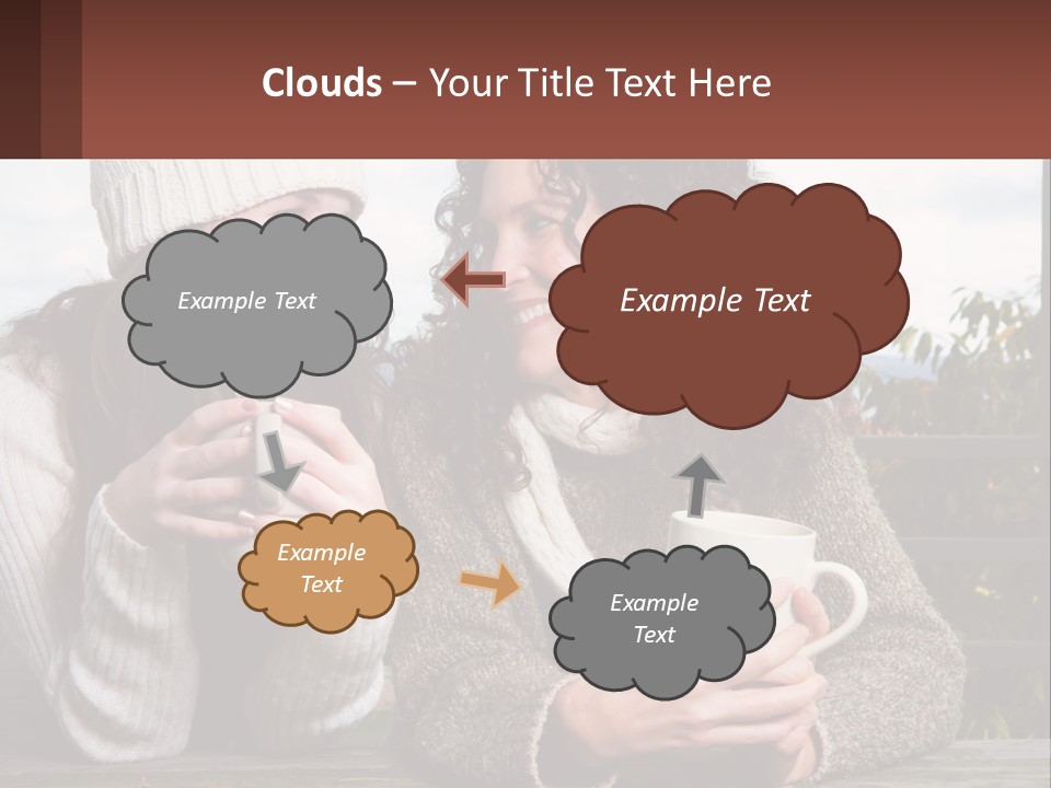 A Couple Of Women Sitting Next To Each Other Holding Coffee Mugs PowerPoint Template