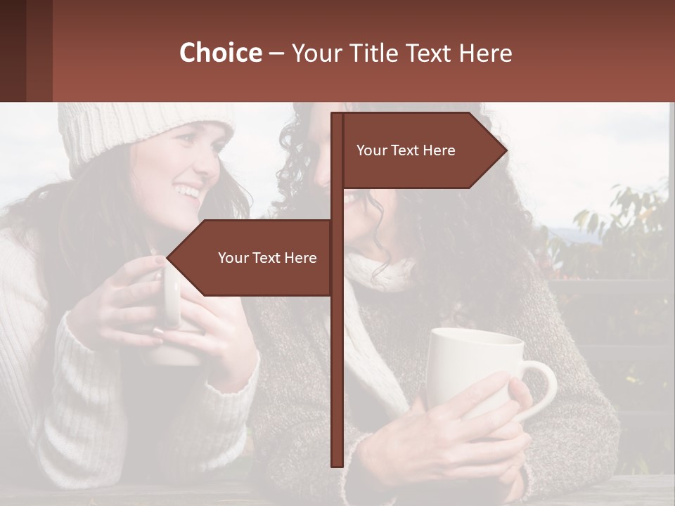 A Couple Of Women Sitting Next To Each Other Holding Coffee Mugs PowerPoint Template
