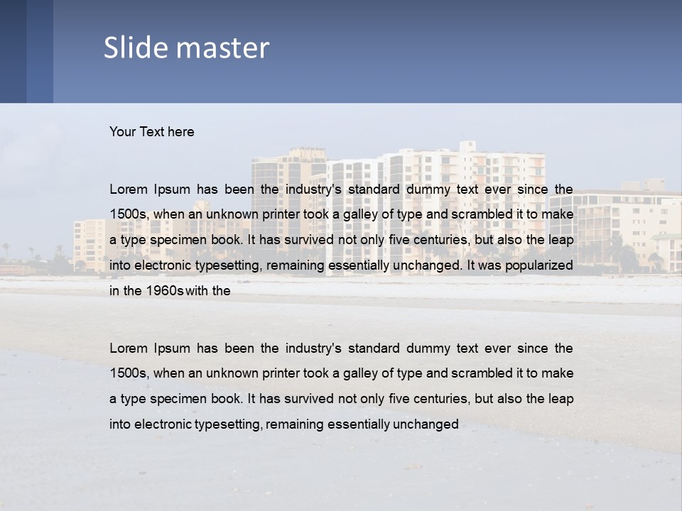 A Sandy Beach With Buildings In The Background PowerPoint Template