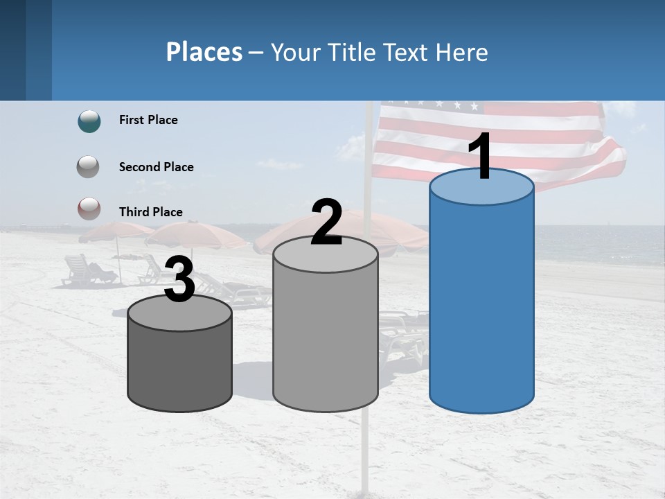 An American Flag On A Beach With Lounge Chairs And Umbrellas PowerPoint Template