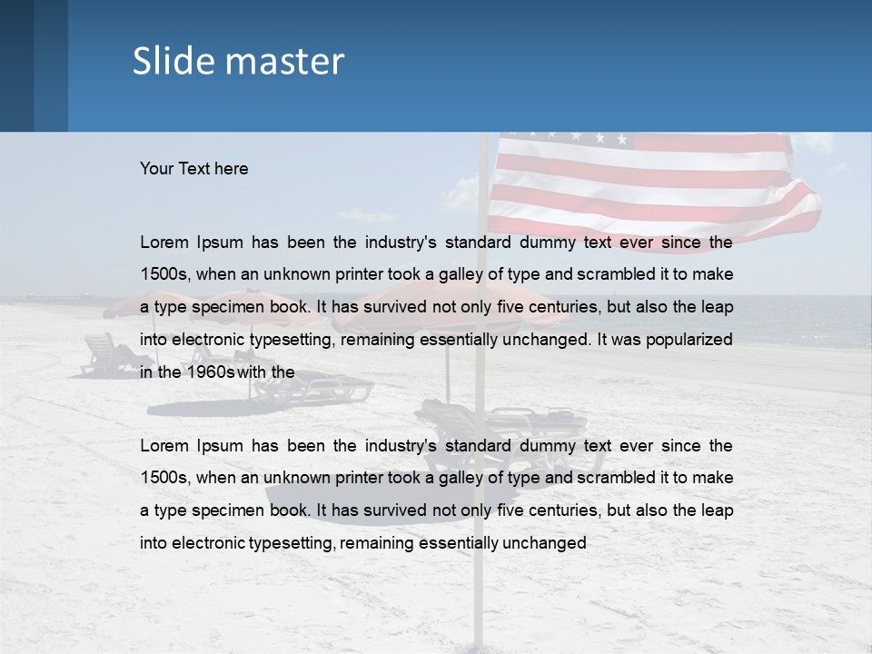 An American Flag On A Beach With Lounge Chairs And Umbrellas PowerPoint Template
