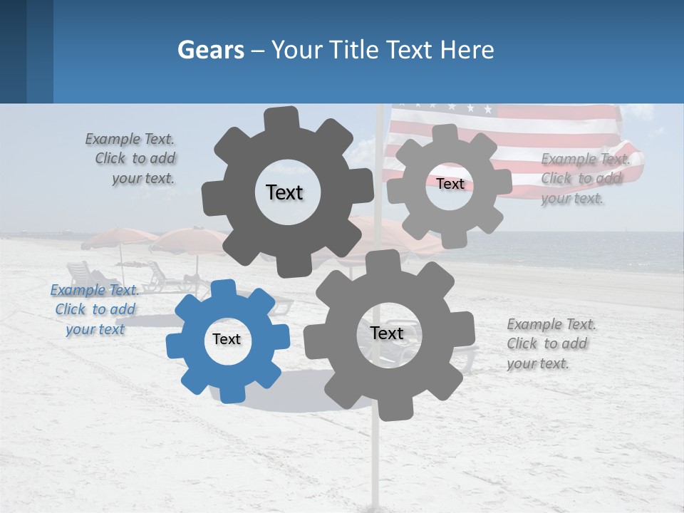 An American Flag On A Beach With Lounge Chairs And Umbrellas PowerPoint Template