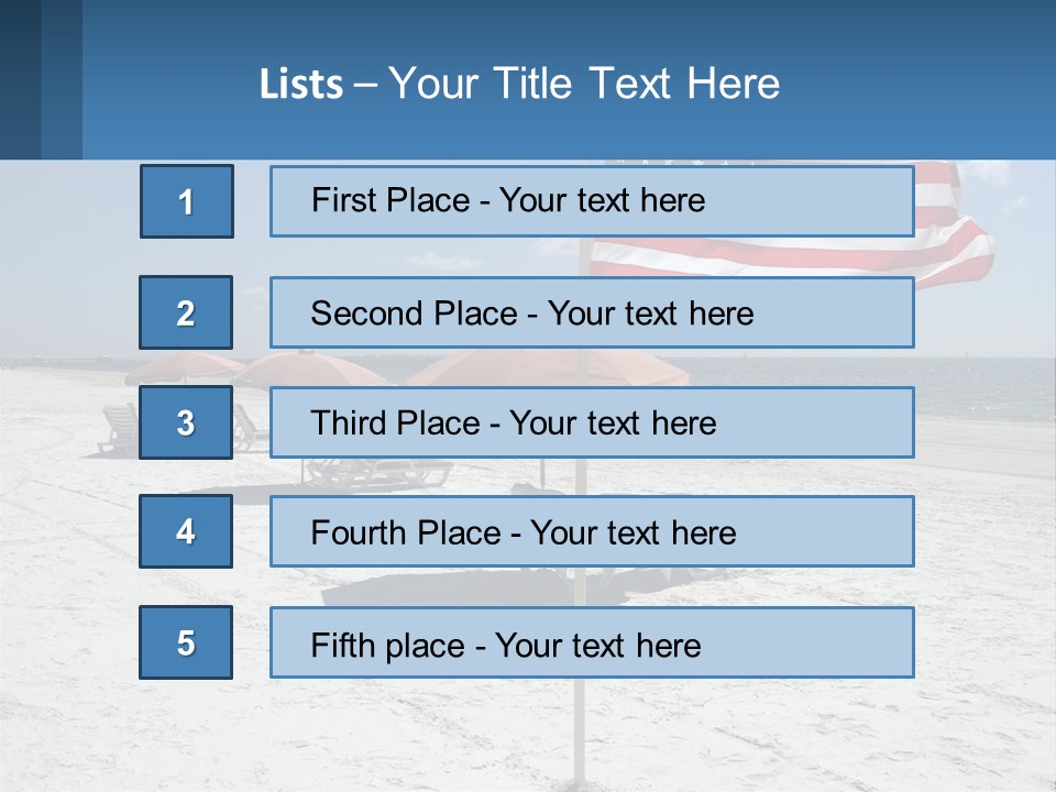 An American Flag On A Beach With Lounge Chairs And Umbrellas PowerPoint Template