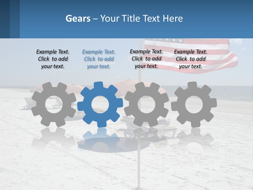 An American Flag On A Beach With Lounge Chairs And Umbrellas PowerPoint Template