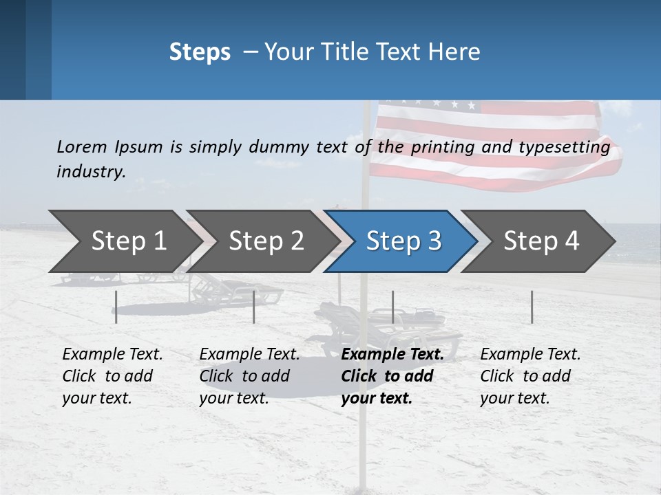 An American Flag On A Beach With Lounge Chairs And Umbrellas PowerPoint Template