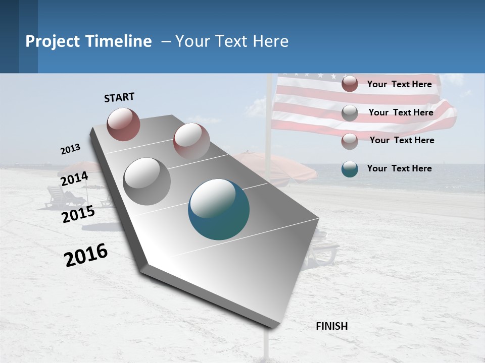 An American Flag On A Beach With Lounge Chairs And Umbrellas PowerPoint Template