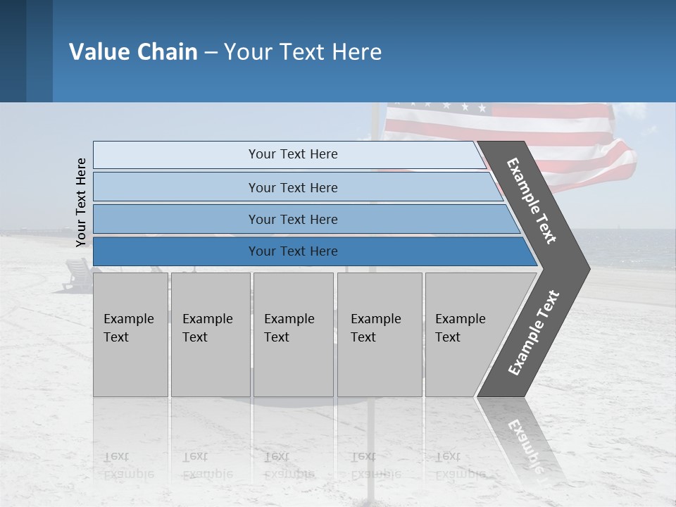 An American Flag On A Beach With Lounge Chairs And Umbrellas PowerPoint Template