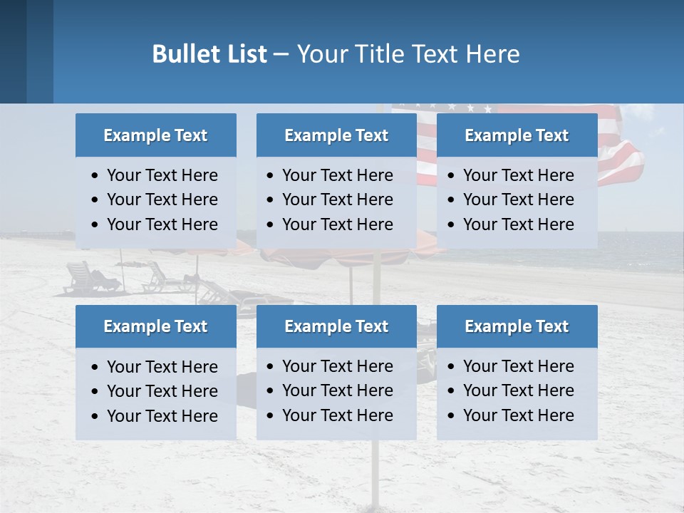 An American Flag On A Beach With Lounge Chairs And Umbrellas PowerPoint Template