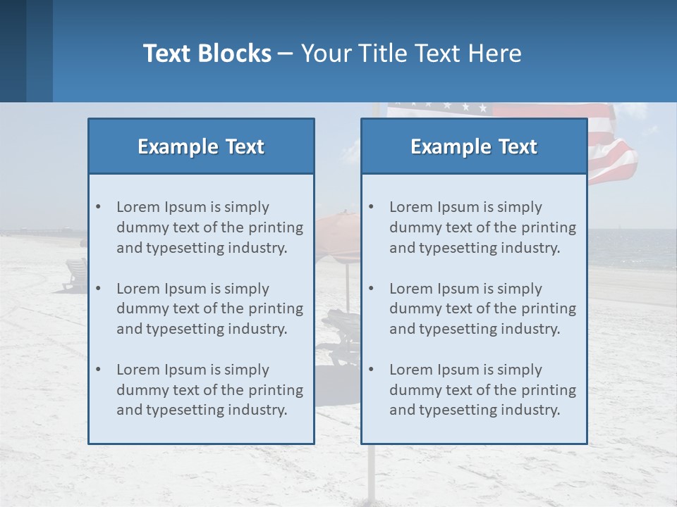 An American Flag On A Beach With Lounge Chairs And Umbrellas PowerPoint Template