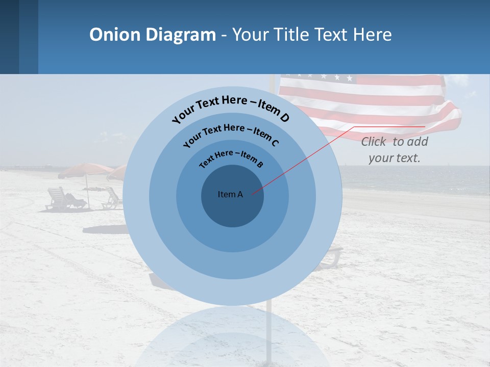 An American Flag On A Beach With Lounge Chairs And Umbrellas PowerPoint Template