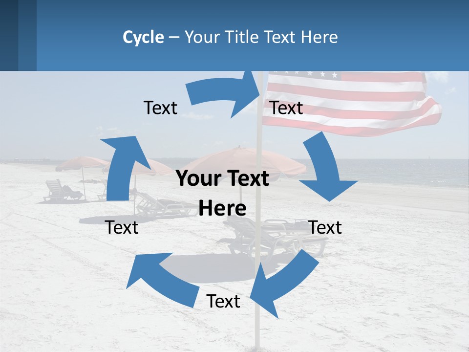 An American Flag On A Beach With Lounge Chairs And Umbrellas PowerPoint Template