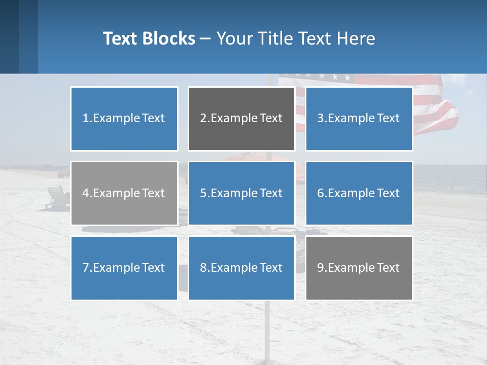 An American Flag On A Beach With Lounge Chairs And Umbrellas PowerPoint Template