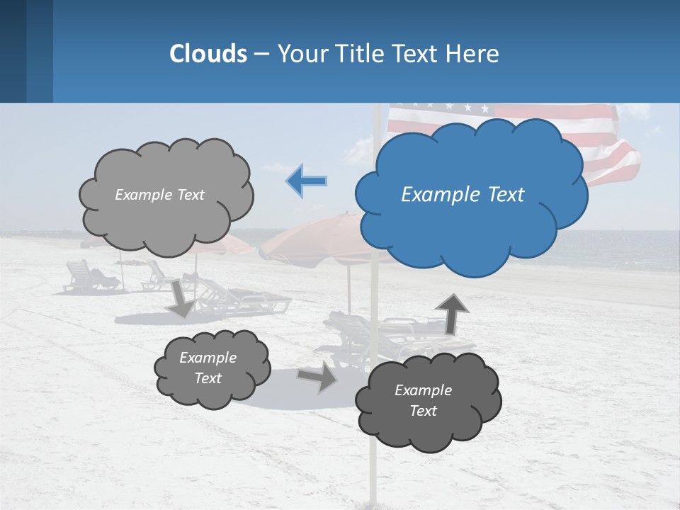 An American Flag On A Beach With Lounge Chairs And Umbrellas PowerPoint Template