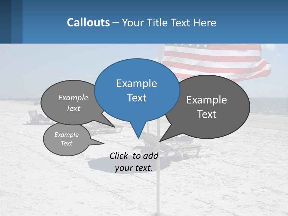 An American Flag On A Beach With Lounge Chairs And Umbrellas PowerPoint Template