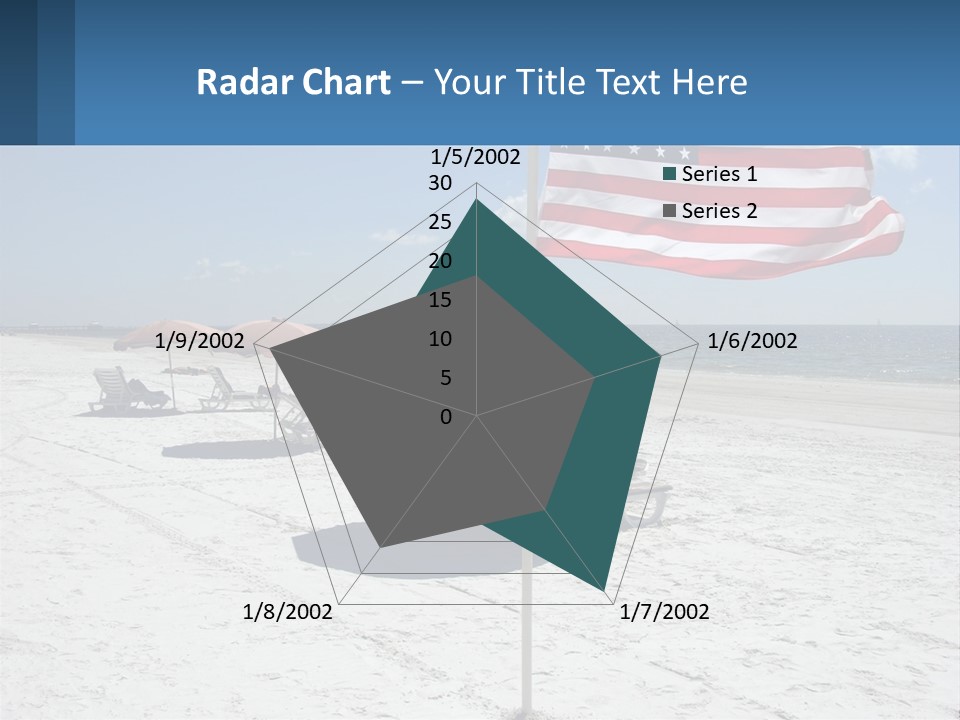 An American Flag On A Beach With Lounge Chairs And Umbrellas PowerPoint Template