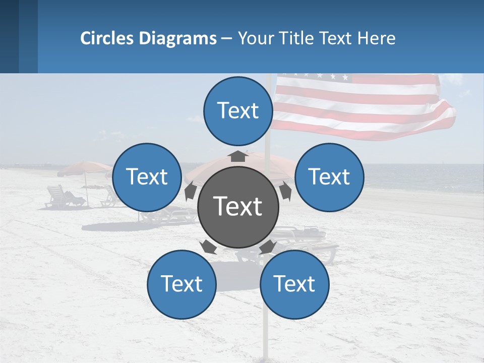 An American Flag On A Beach With Lounge Chairs And Umbrellas PowerPoint Template