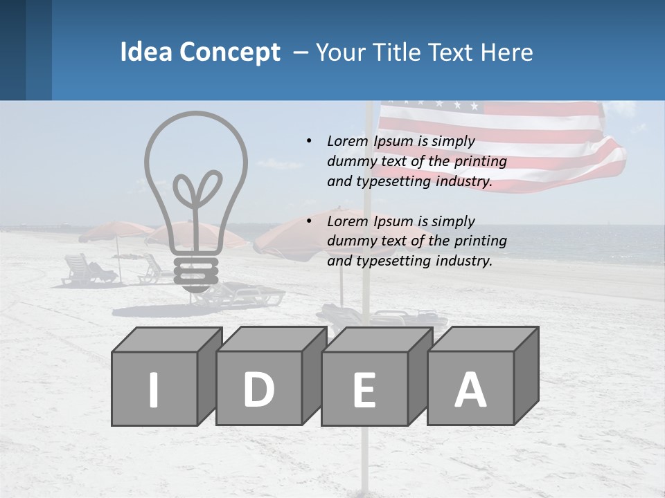 An American Flag On A Beach With Lounge Chairs And Umbrellas PowerPoint Template