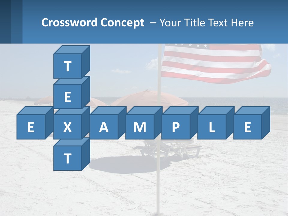 An American Flag On A Beach With Lounge Chairs And Umbrellas PowerPoint Template