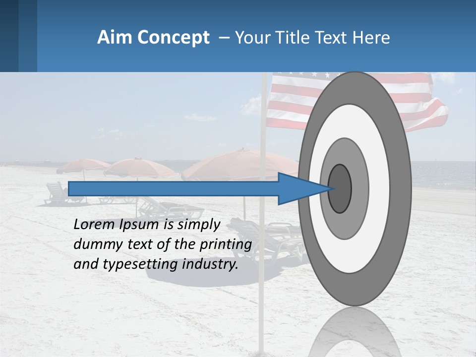 An American Flag On A Beach With Lounge Chairs And Umbrellas PowerPoint Template