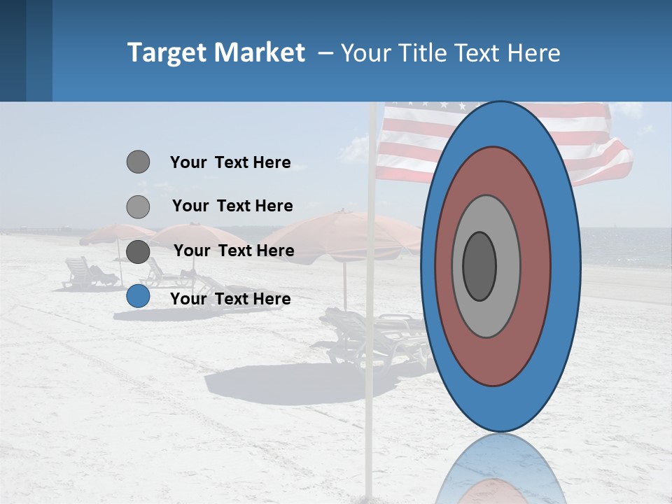 An American Flag On A Beach With Lounge Chairs And Umbrellas PowerPoint Template