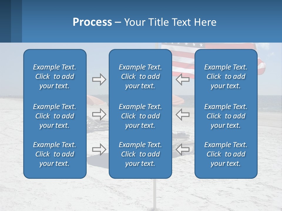An American Flag On A Beach With Lounge Chairs And Umbrellas PowerPoint Template