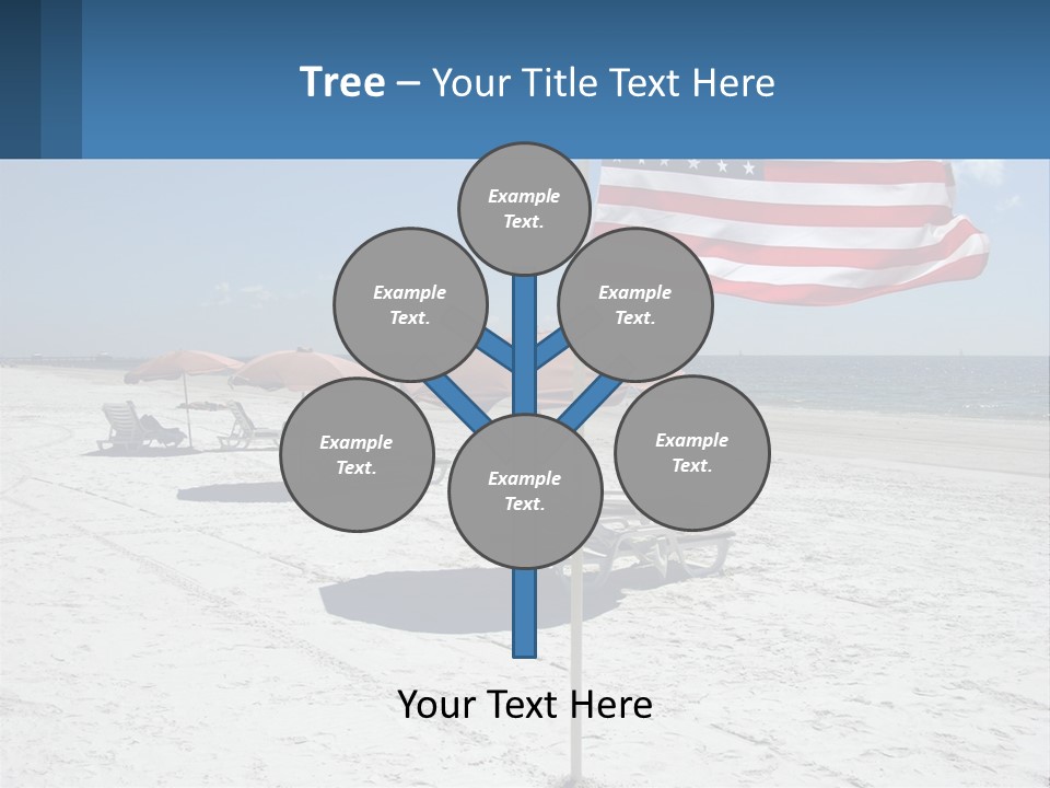 An American Flag On A Beach With Lounge Chairs And Umbrellas PowerPoint Template