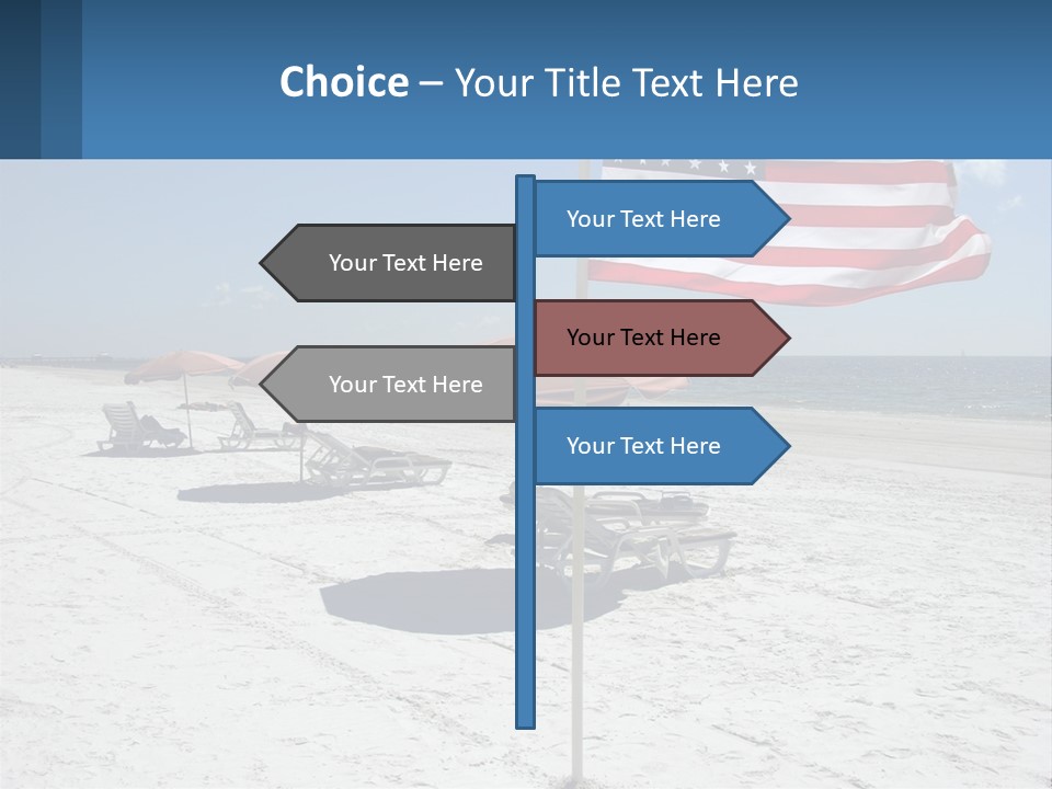 An American Flag On A Beach With Lounge Chairs And Umbrellas PowerPoint Template