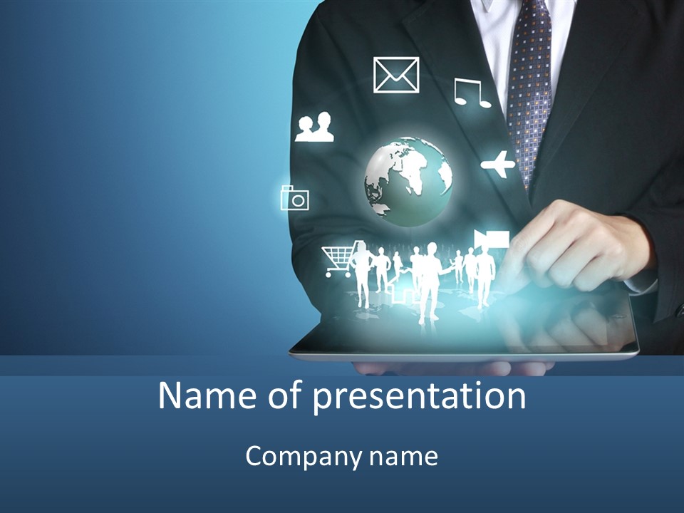 A Man In A Suit Holding A Tablet With Icons On It PowerPoint Template