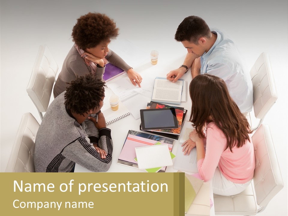 A Group Of People Sitting Around A White Table PowerPoint Template