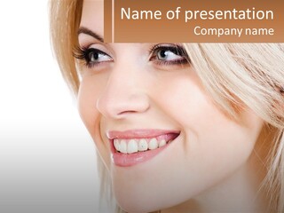 A Beautiful Blond Woman Smiling With A White Background PowerPoint Template