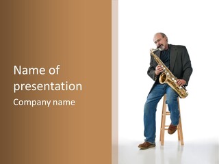 A Man Sitting On A Stool Playing A Saxophone PowerPoint Template