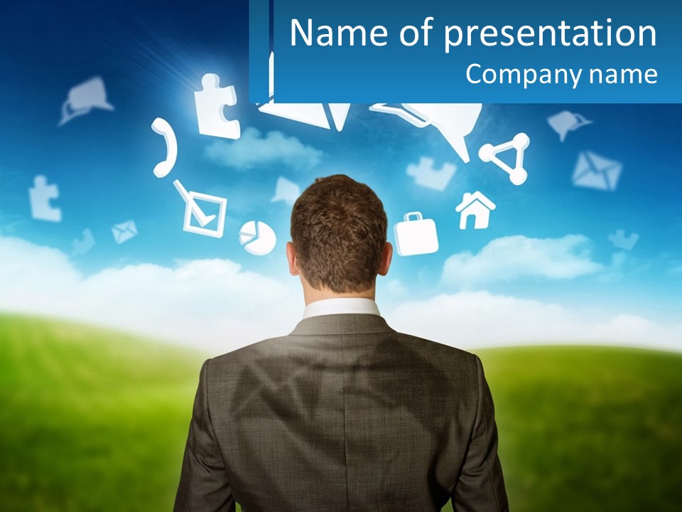 A Man In A Suit Looking At A Cloud Filled With Icons PowerPoint Template