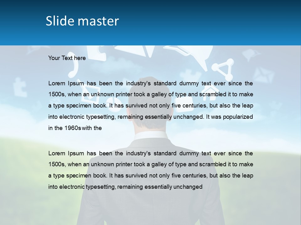 A Man In A Suit Looking At A Cloud Filled With Icons PowerPoint Template