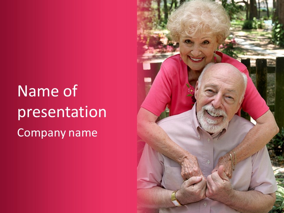An Elderly Man And Woman Are Smiling For The Camera PowerPoint Template