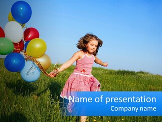 A Little Girl In A Pink Dress Holding A Bunch Of Balloons PowerPoint Template
