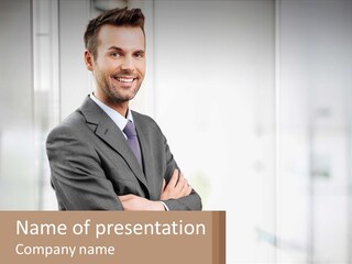 A Man In A Suit Standing With His Arms Crossed PowerPoint Template