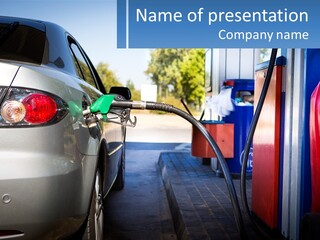 A Car Refueling At A Gas Station With A Gas Pump PowerPoint Template