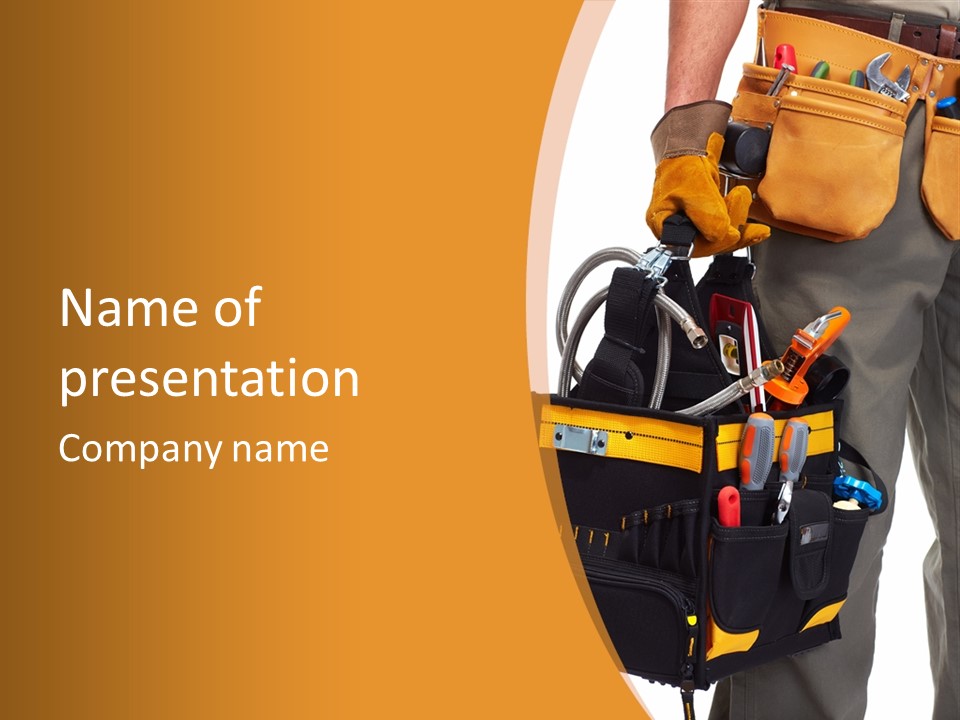 A Man Holding A Tool Belt With Tools In It PowerPoint Template