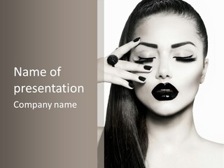 A Woman With Long Hair And Black Lipstick On Her Face PowerPoint Template