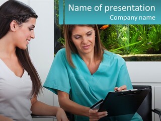 Two Women In Scrubs Are Looking At A Clipboard PowerPoint Template