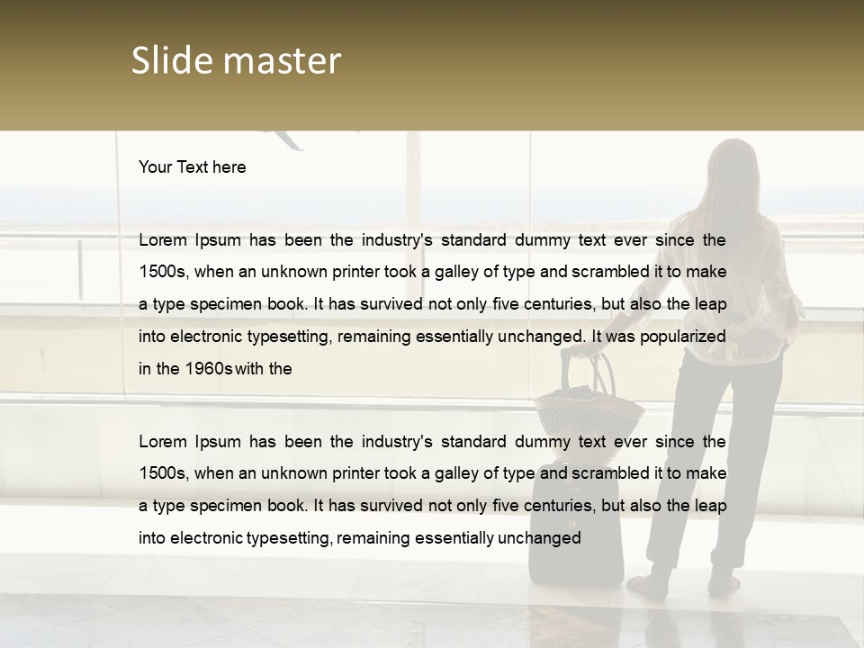 A Woman Standing In Front Of A Window With A Luggage Bag PowerPoint Template